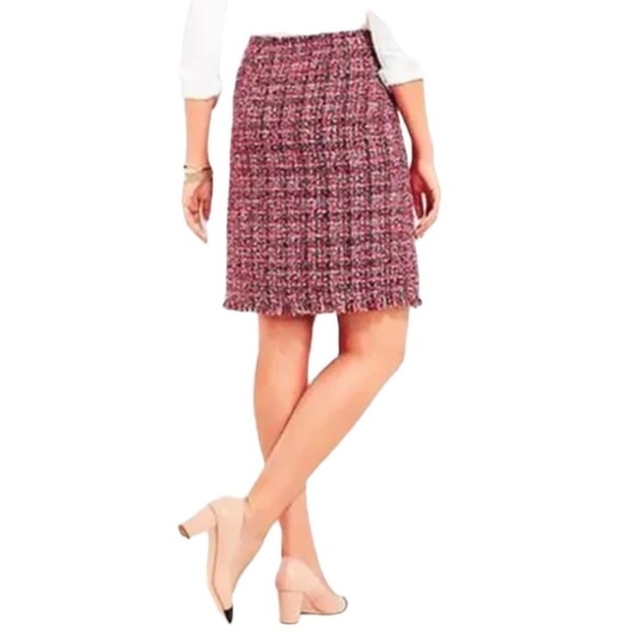 TALBOTS Rose Pink Boucle Tweed Fringe Wool Blend Skirt Women's Size 10P - Picture 2 of 11